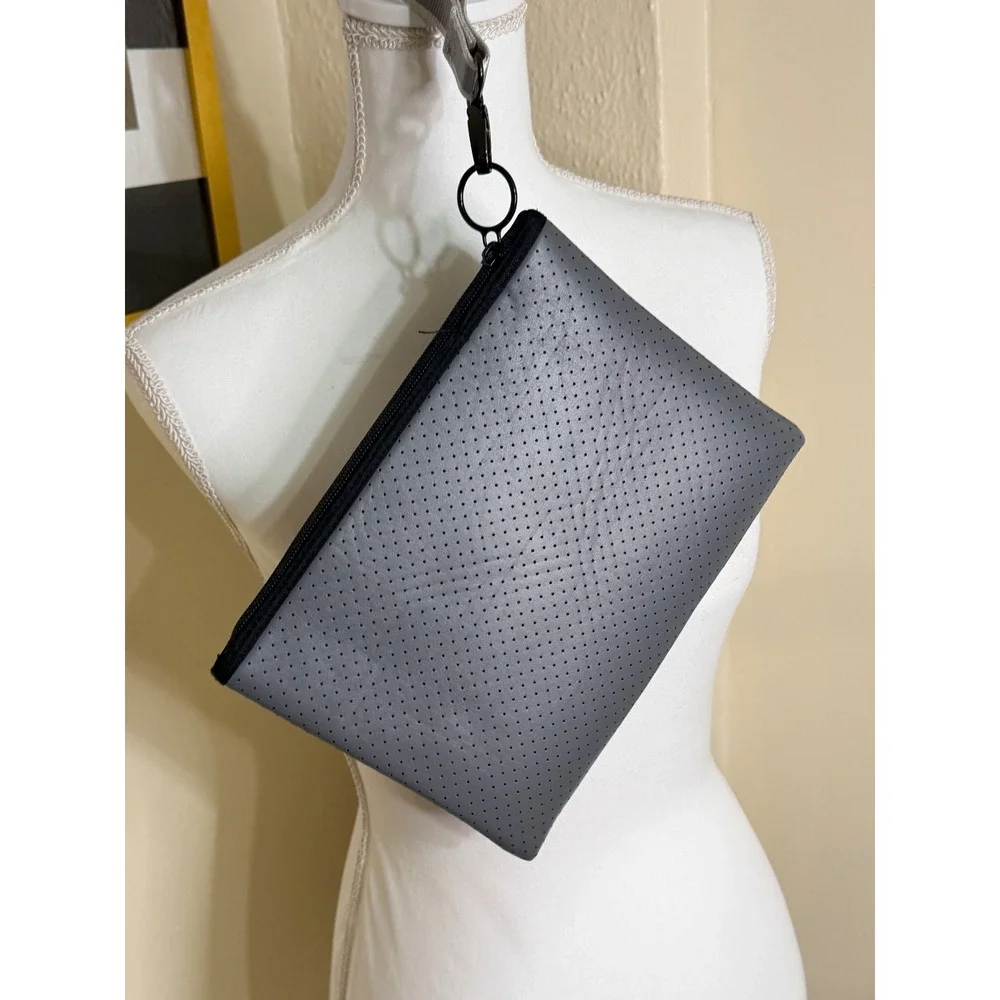 Haute‎ Shore Grey Perforated Neoprene Wristlet Clutch Bag with Racing Stripe